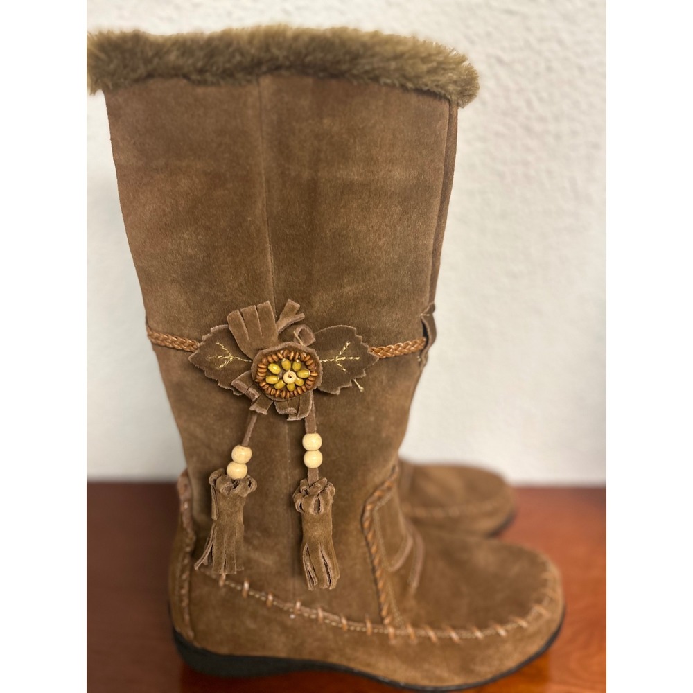 Brown Suede Boho Mid Calf Boots Faux Fur Trim Flower Tassel Detail women's 8